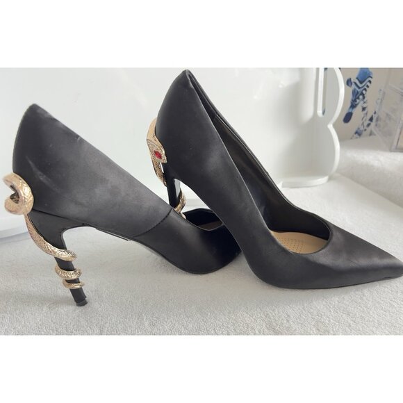 Azalea Wang Size 10 Snake Shoes Black Satin Stilleto Dramatic Slip On Almond Toe - Picture 16 of 16